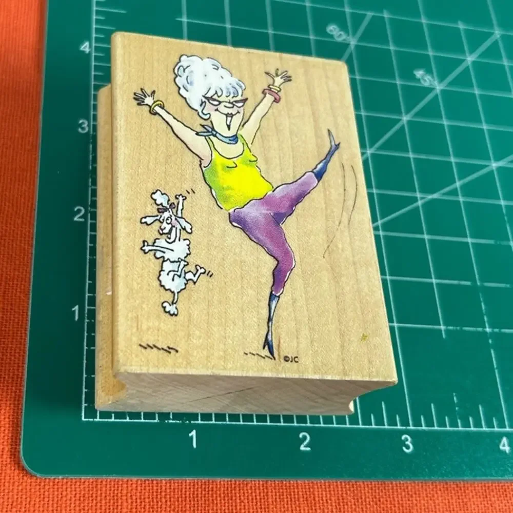 Vtg American Art Janet Cleland Wood Mounted Rubber Stamp-Lets Party preowned